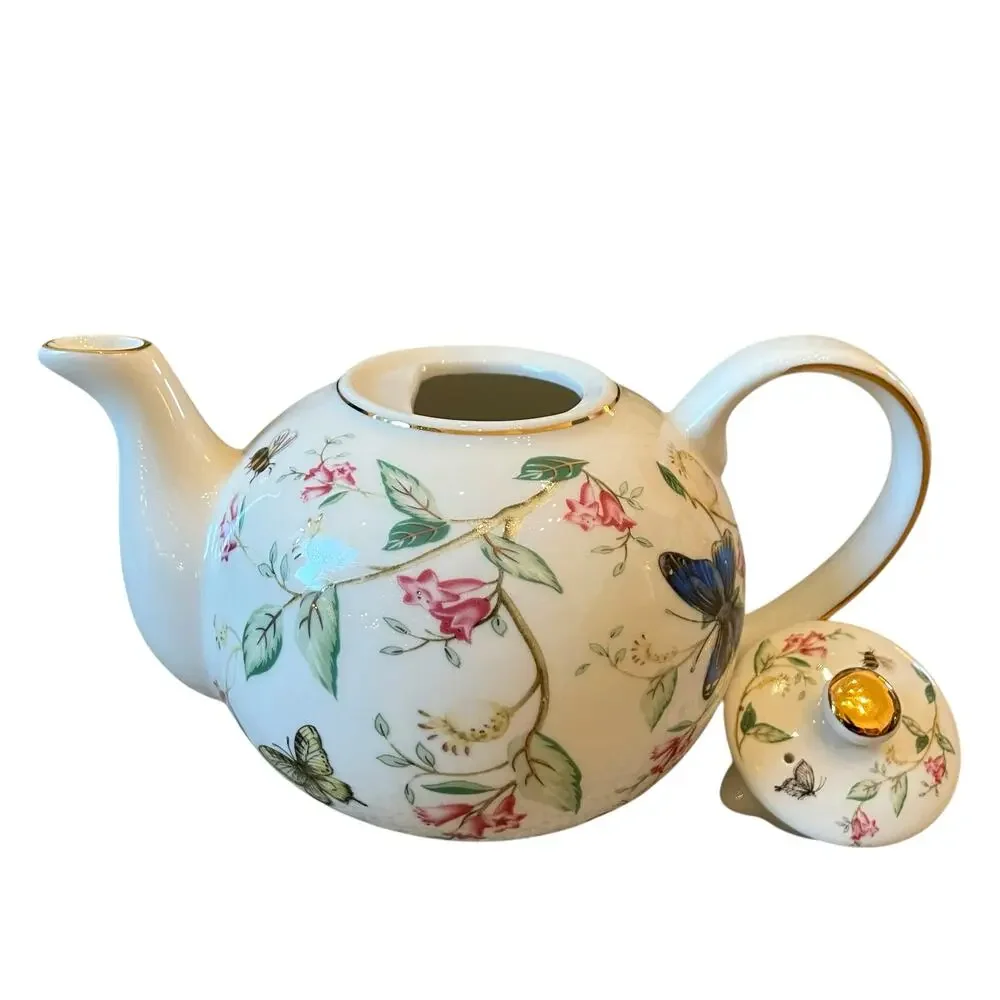Grace Teaware Porcelain Teapot Elegant Multicolor Floral Butterflies & Bees NEW